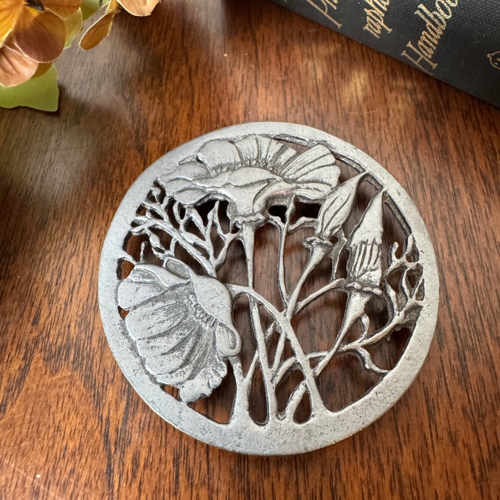 Vintage 1978 Metzke Pewter Poppy Flower Mini Trivet Round Floral Cottagecore
